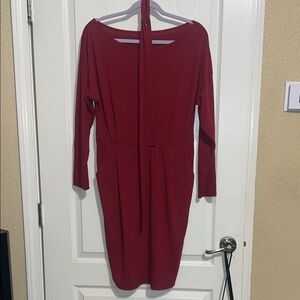 SHEIN Burgundy Long Sleeve Tie-Back Midi Dress